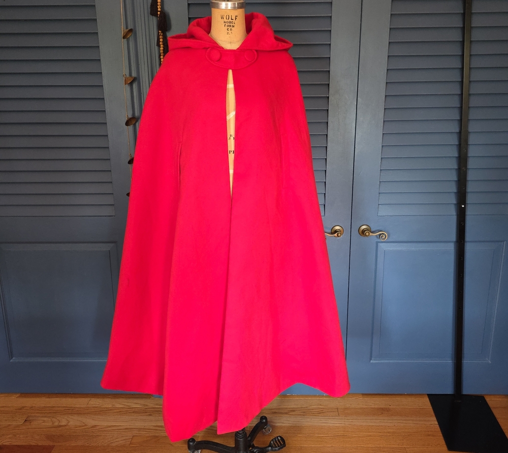 Bright Red Hooded Cape with Front Closure